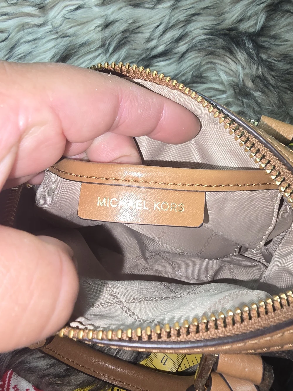 Michael Kors Brown Beach Print Mini Satchel with Tan Trim